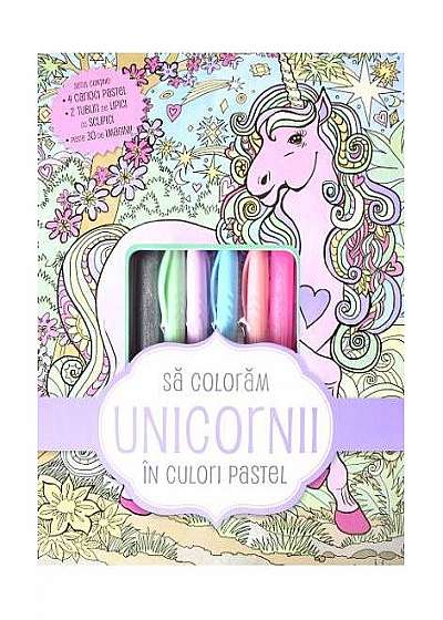 Să colorăm unicornii în culori pastel 4 carioci pastel, 2 tuburi de lipici cu sclipici