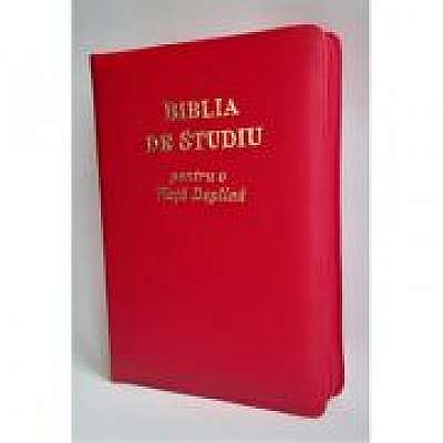Biblia de studiu pentru o viata deplina. Editie de lux, coperta piele rosie, cu fermoar, aurie, index de cautare, LPI167
