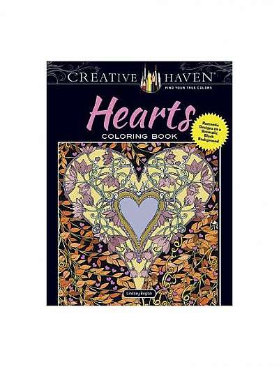 Coperta cărții Creative Haven Hearts Coloring Book: Romantic Designs on a Dramatic Black Background