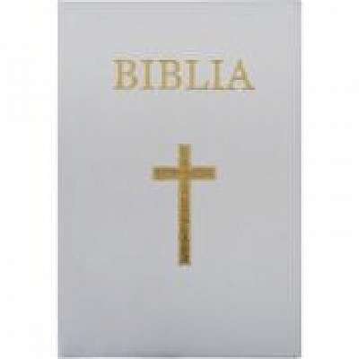 Biblia medie, 063, coperta piele, alba, cu cruce, margini aurii, repertoar, fermoar
