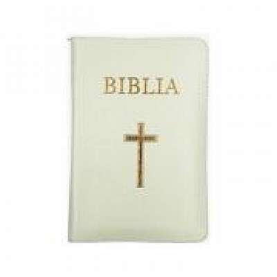 Biblia mica, 053, coperta piele, alba, cu cruce, margini aurii, repertoar, fermoar