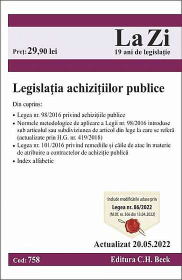 Legislația achizițiilor publice. Cod 758. Actualizat la 20.05.2022 - Paperback brosat - *** - C.H. Beck