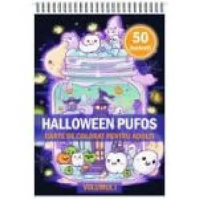 Carte de colorat pentru adulti, 50 de ilustratii, Halloween pufos, Volumul 1